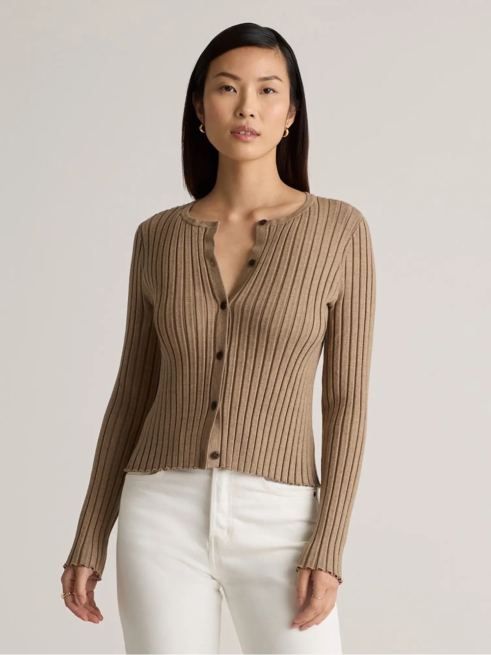 Quince Warm Taupe Eco-Knit Cropped Rib Cardigan Classic Minimal Preppy Size XL